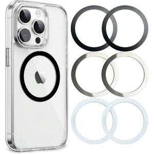 Universal Metal Rings Compatible with Magsafe Sticker,Magnetic Ring for Phone Cases & Wireless Charging, 6 Pack (2 Black,2 White & 2 Silver) (0.4mm-O)