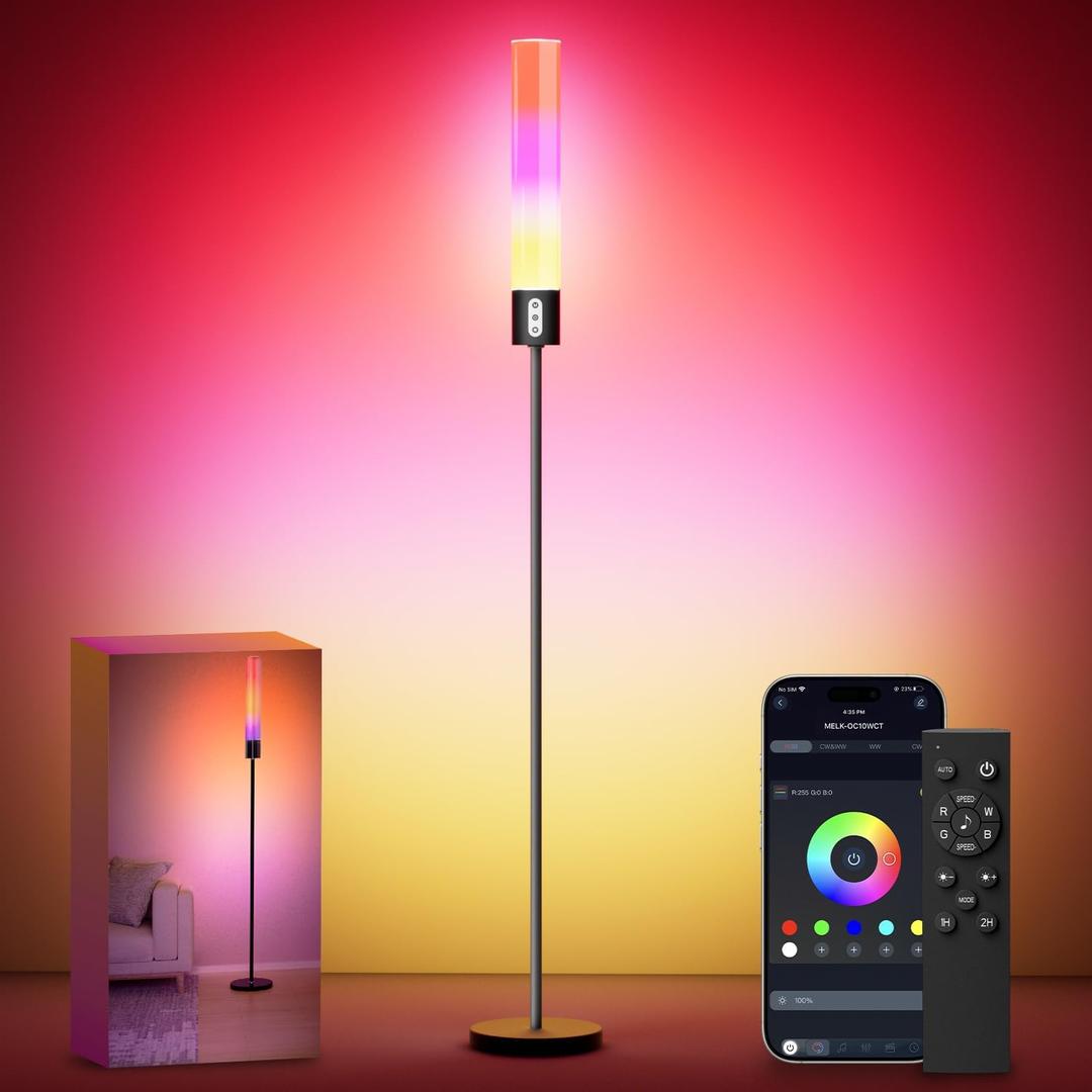 luckystyle RGBICW Floor Lamp, 1500Lumen Smart Floor Lamps with Music Sync and 16 Million DIY Colors, Dimmable Modern Floor Lamps with Remote and Bluetooth APP Control LED Lamp for Bedroom Living Room