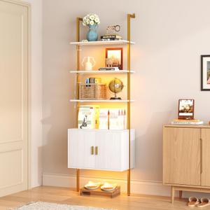 Yusong 73" Tall Bookshelf with Cabinet and RGB LED Lights, 7-Color Adjustable Industrial Ladder Wall Mount Shelf, Frame Bookcase with Lighting for Living Room Bedroom, White Gold