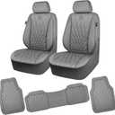 CAR PASS Piping Luxury PU Leather Two Front Car Seat Covers and 3 Pieces Heavy Duty Rubber Deep Dish All Weather Car Floor Mats, Universal Fit for 95% Sedan SUV Van Truck, All Gray