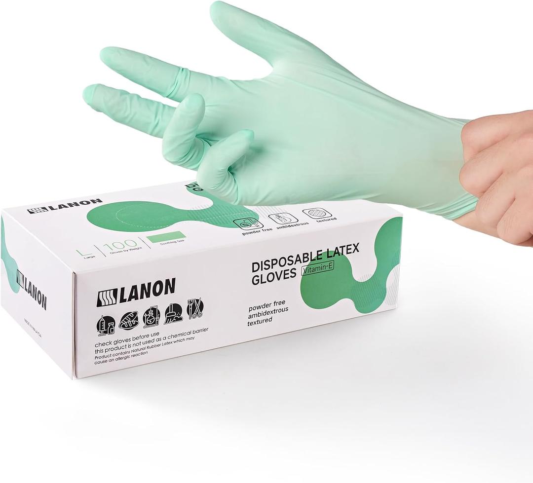 LANON 5 mil Vitamin-E Coated Latex Disposable Gloves, Food-Contact Grade, Fully Textured, Green, Small (Small (Pack of 100))