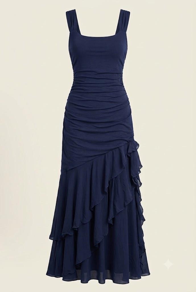 Women's Sleeveless Floor-Length Dress with Asymmetrical Ruffle Detail and Fitted Silhouette Dress XL