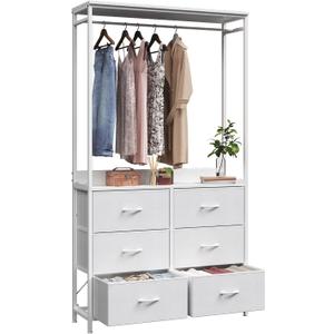 6 Dresser Drawer with Hanging Rack, 2-in-1Tall Dresser for Bedroom/Closet, Fabric Dressers & Chests of Drawers, Sturdy Alloy Steel Frame, Space Saving Closet Organizer (White)