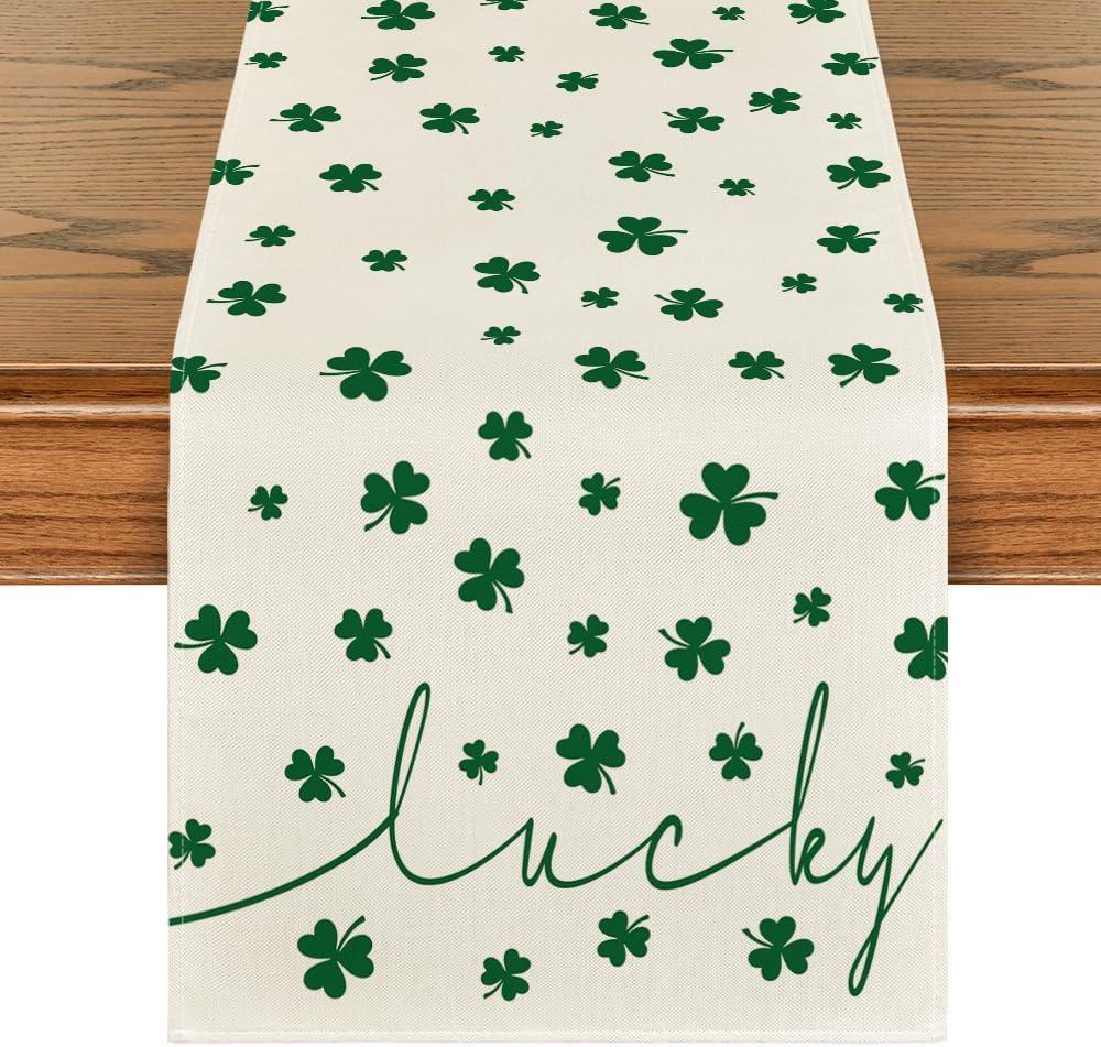 Artoid Mode Beige Lucky Shamrock St. Patrick's Day Table Runner, Seasonal Spring Holiday Kitchen Dining Table Decoration for Indoor Outdoor Home Party Decor 13 x 72 Inch