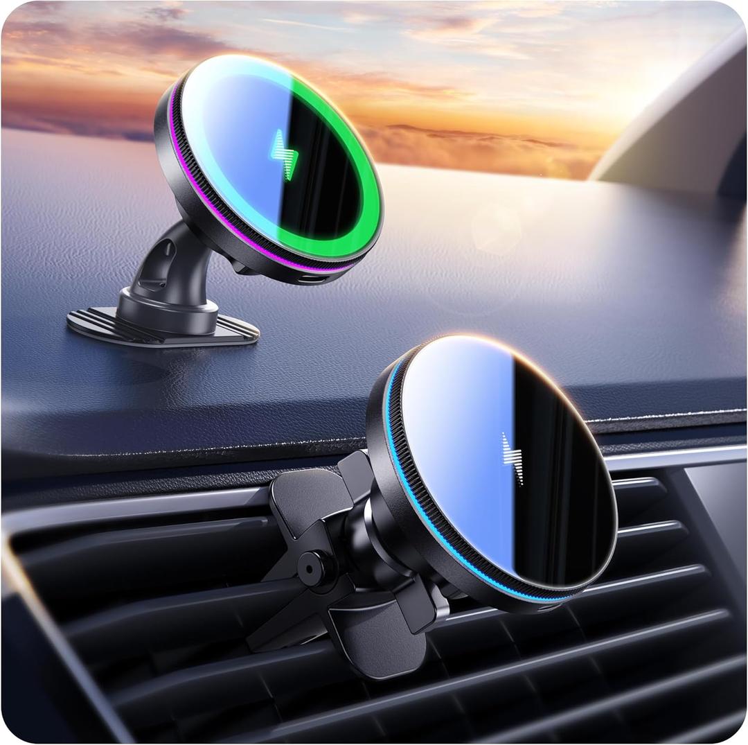 Beser for MagSafe Car Mount Charger, (4.13 lbf) Large Magnetic, 15W Qi Wireless Charger for Car, Vent/Dashboard, Phone Holder for iPhone 16/15/14/13/12 Series, 7 Color Lights, Aluminium, Black