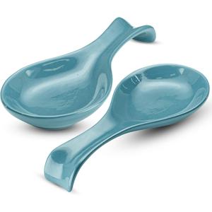 Ceramic Spoon Rest, by Kook, Utensil Holder for Stovetop, Farmhouse Kitchen & Coffee Bar Decor, Dishwasher Safe, Ladle, Tray  Set of 2 (Teal Blue)