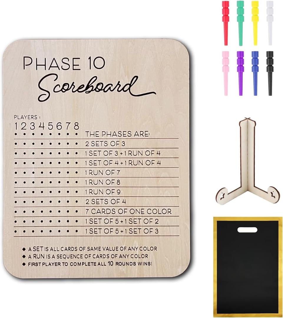 Phase 10 Score Board, 2025 New Wooden Scoreboard with 8 Colored Pegs & Black Handbag as a bonusfor Phase 10 Card Game Phase Ten Score and Round Tracker Fun Board Games for Families (Original Wood)