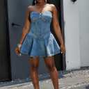 SHINFY Womens Summer Denim Dress Sexy Off Shoulder Strapless Bustier Corset Tube Pleated Mini Jean Dresses (Blue, L)