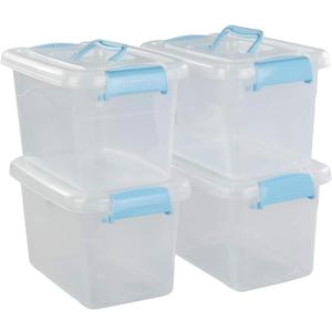 Ggbin 6 Quart Plastic Storage Box with Lid, Clear Latching Organizer Bin, 4 Packs (Blue Handle)
