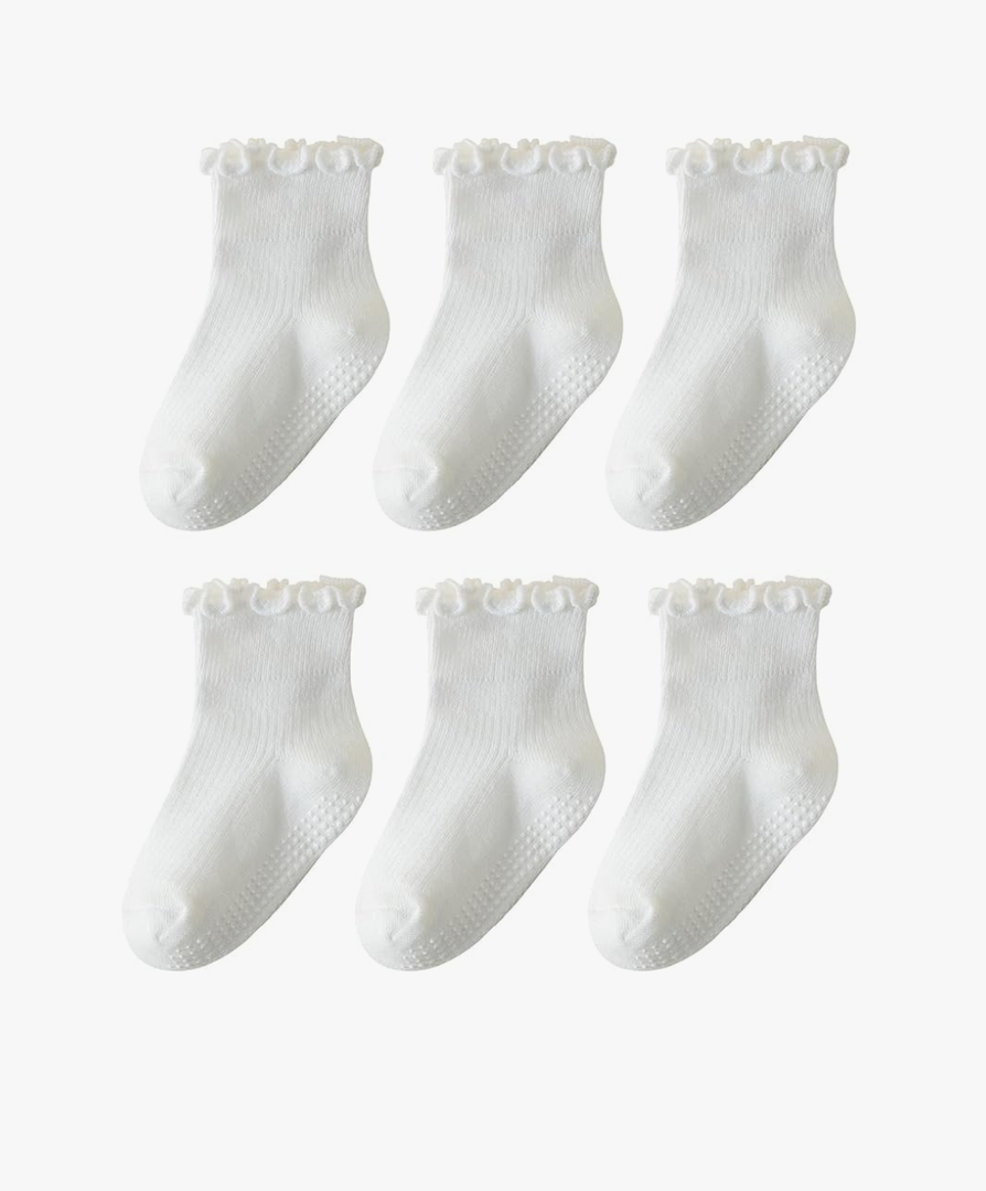 ANYANIME 6 Pairs Toddler Ruffle Socks for Girls - Baby Grip Socks with Non-Slip, Cute Grippy Frilly Design 3-5T