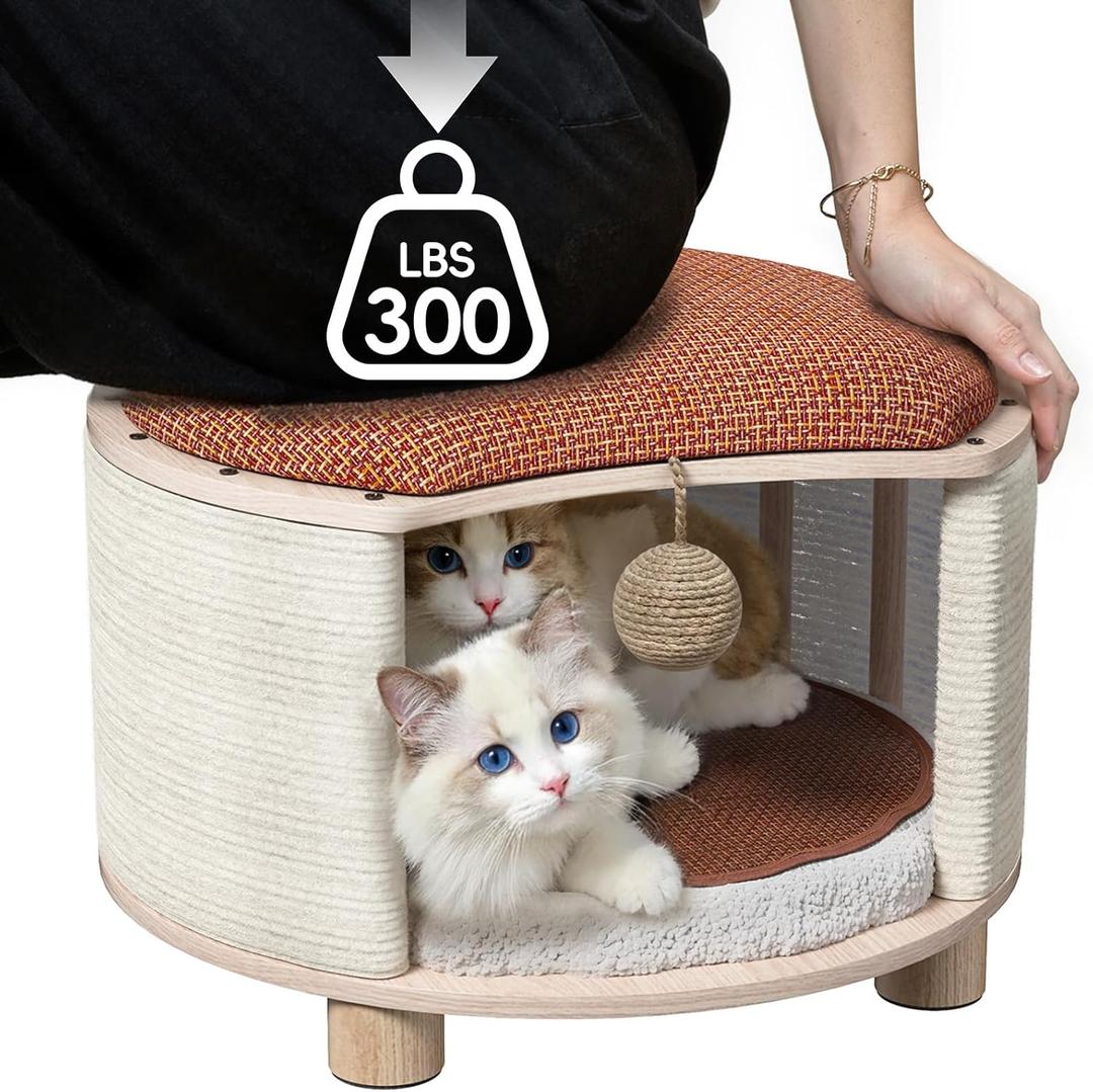 Superpower Bearing Capacity Solid Wood Cat House Stool- Large Cat Cave for Indoor Cats and People, with Fluffy Ball Hanging and Removable Scratch Pad, Support 300 Pounds,16.1x16.1x8.3 inches, Brown