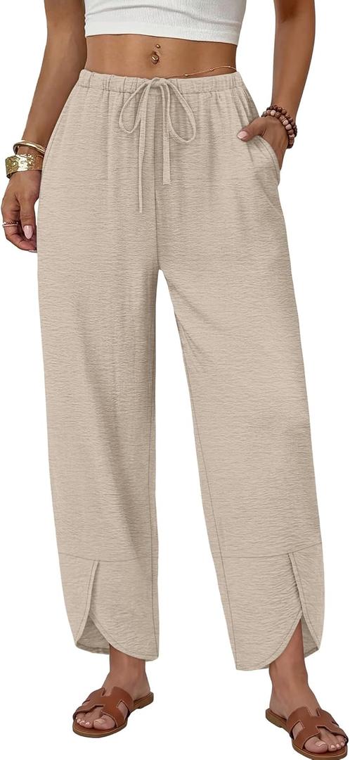 Sampeel Linen Pants Women Wide Leg Palazzo Pants Flowy Casual Summer Outfits Plus Size Spring Clothes Capri Pant Beach Fashion Clothing Vacation Outfits Travel Resort Wear 2026 Khaki L
