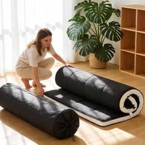 Tiita Queen Memory Foam Mattress Topper, 4" Thicken Futon Floor Mattress with Storage Bag and 2 Straps, Portable Roll Up Travel Car Camping Mattress Sleeping Pad, Black, 80"60"4"-Queen