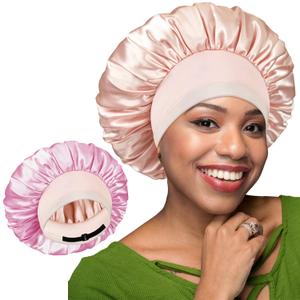 BONNET QUEEN Silk Bonnet for Sleeping Women Satin Bonnet Hair Bonnet Adjustable Reversible Double Layered Sleep Night Cap for Curly Hair Jade and Pink (One Size)