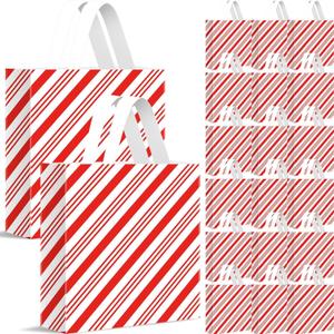 Sinload 100 Pcs Large Valentine's Day Gift Bags with Handle Valentine's Plastic Shopping Bags Bulk 13.8" x 9.8" Red White Candy Cane Stripe Treat Goodie Bag for Merchandise Party Favor