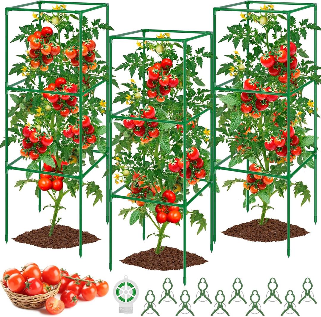 3 Pack Tomato Cages, Square Tomato Plant Stakes Support Cages Trellis, 50 * 17 * 17in Heavy Duty Steel Plant Tower Stakes Cucumber Trellis for Garden Climbing Vegetables Flowers Fruits, Bold