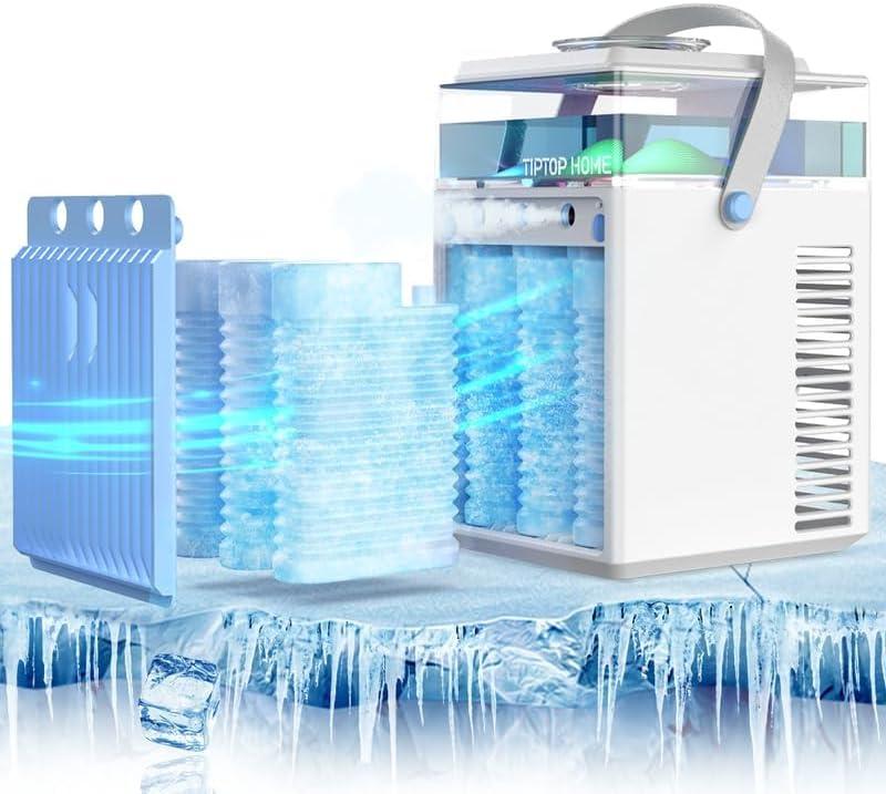 Portable Air Conditioner Fan, Rechargeable 4-IN-1 Personal Mini Cooler Humidifier, 3-Speed Evaporative Air Cooler with 7 Color Lights, Cordless AC Desktop Spray Conditioner, Quiet Desktop Cooling Fan