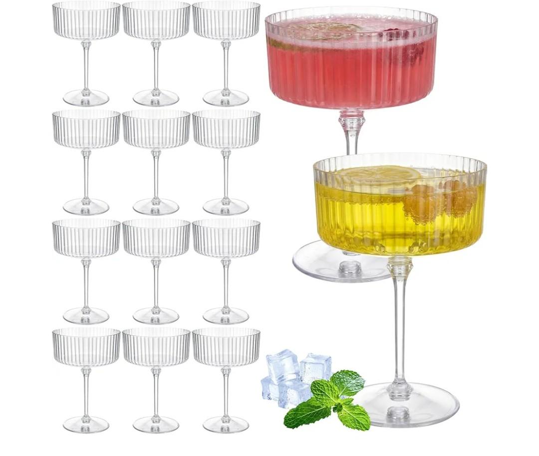 12 Pcs Ribbed Martini Glasses 10 oz Disposable Plastic Vintage Ribbed Coupe Glasses Unbreakable Dessert Parfait Glassware for Wedding Birthday Party Supplies (Clear)