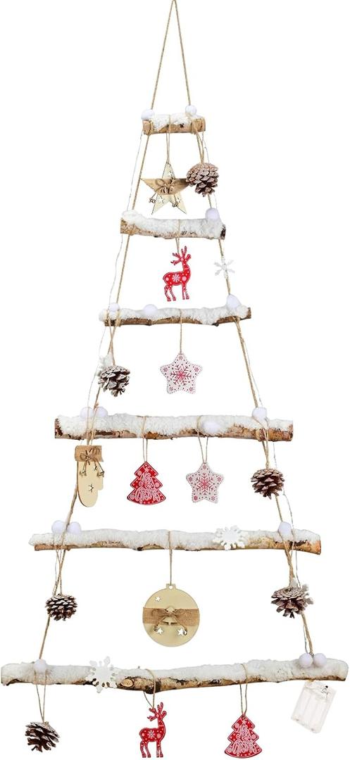Nature Vibe Snowy Birch Logs Wall Christmas Tree with Lights and Accessories,Frosted Wood Hanging Christmas Tree with Snowflake as Rustic Christmas Decor for Ornament Display