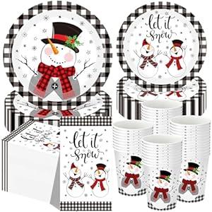 Funnymoom 250 Pcs Christmas Snowman Paper Plates and Napkins Party Supplies White Black Buffalo Plaid Winter Disposable Tableware Set for Christmas Winter Holiday Xmas Party Decoration