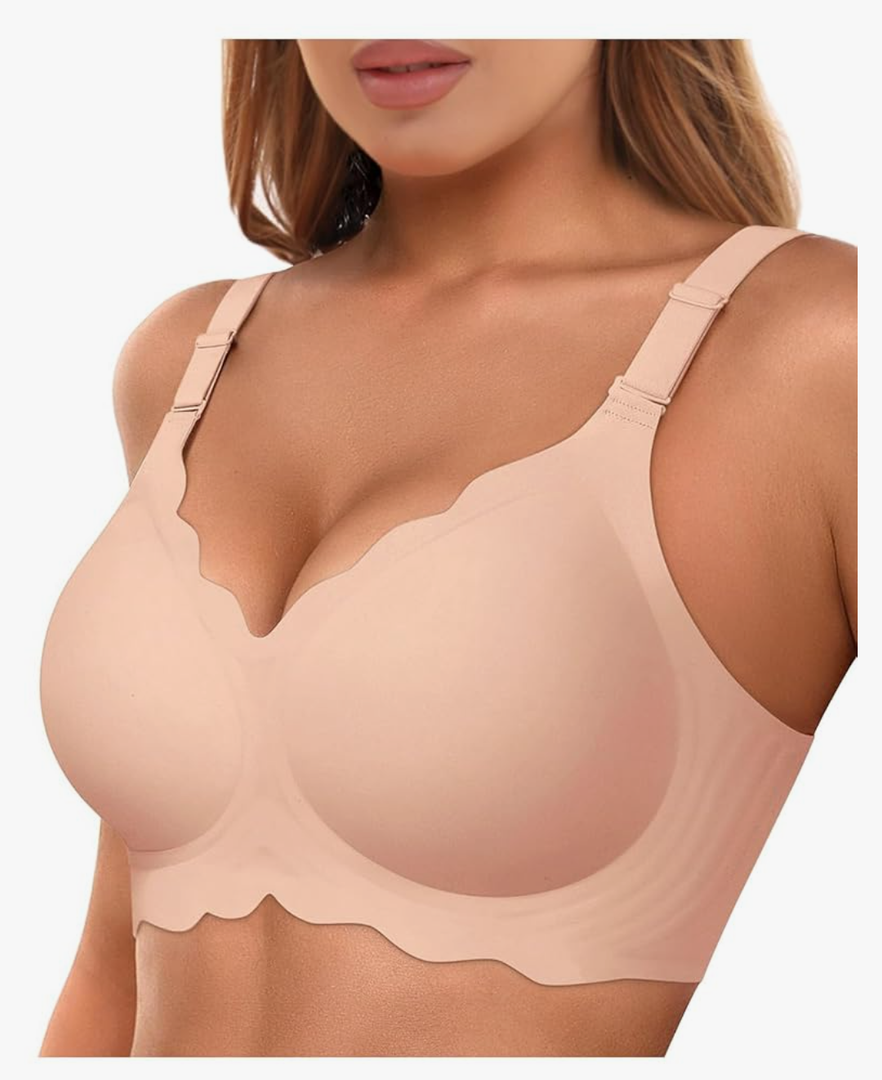 Bras for Women No Underwire Wireless Bras with Support & Lift Seamless Scalloped Full Coverage T-shirt Bra Pink, Size L