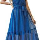 VintageClothing Womens Sundress Casual Floral Summer Boho Dress Flowy Wrap V Neck Ruffle A-Line Pleated Hem Midi Dresses, Size S