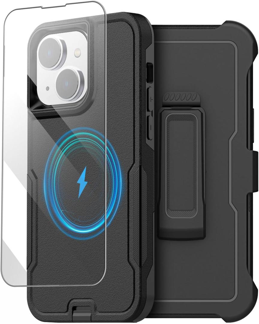 AICase for iPhone 13 Belt Clip Case with Glass Screen Protector,[Compatible MagSafe] Heavy Duty Drop Protection Full Body Rugged Shockproof Military Protective Tough Durable Cover