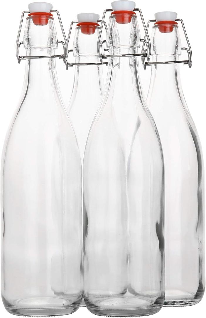 AYL Flip Top Glass Bottle [1 Liter / 33 fl. oz.] [Pack of 4] Swing Brewing Bottle with Stopper for Beverages, Oil, Vinegar, Kombucha, Water, Soda, Kefir Airtight Lid & Leak Proof Cap Clear