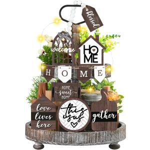 FairySandy 11 Pcs Home Tiered Tray Decor Spring Rustic Farmhouse Tiered Tray Decorations Set Home Wooden Signs Vintage Farm Animal Farmhouse Tabletop Wood Signs for Kitchen Table Shelf Decor