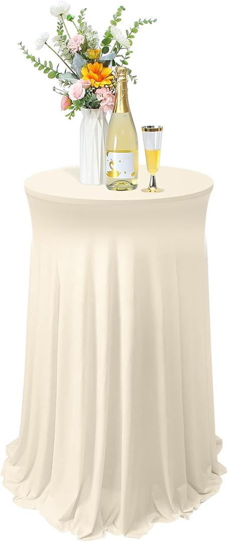 Tegeme 32 x 43 Inch Round Spandex Cocktail Tablecloths with Skirt Cocktail Round Table Cover Spandex Stretch Tablecloth for Fitted High Top Table Bar Wedding Party Banquet (Beige,1 Pack)