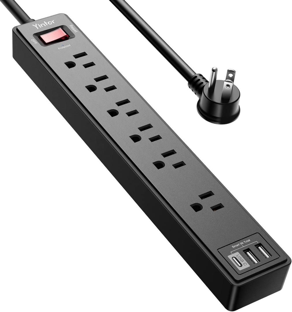 6Ft Power Strip Surge Protector - Yintar Extension Cord with 6 AC Outlets and 3 USB Ports for for Home, Office, Dorm Essentials, 1680 Joules, ETL Listed, (Black) (6 Outlets, Black)