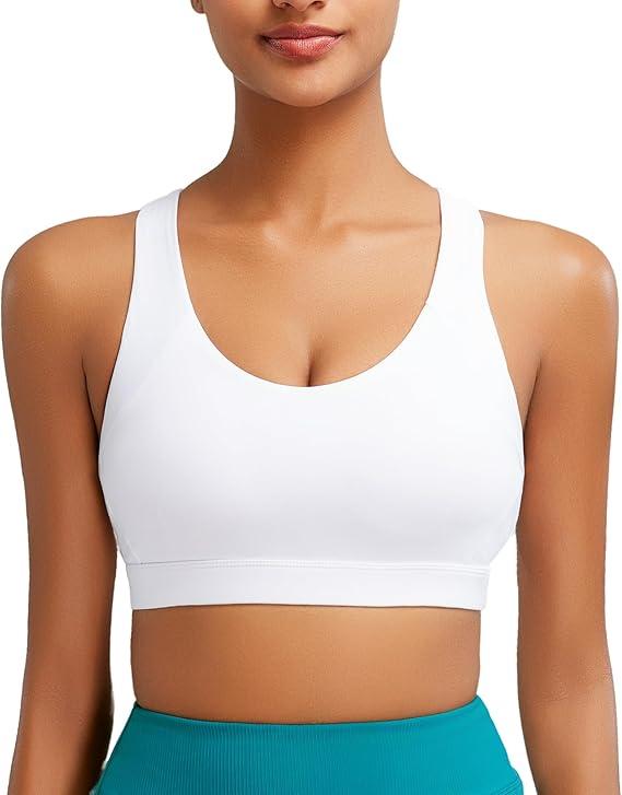 RUNNING GIRL Women's Sports Bra, Medium-High Support with Padded Crisscross Back Straps, Workout Supportive Sports Bras, White, M