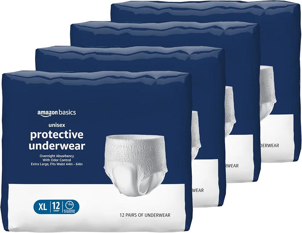 Amazon Basics Unisex Protective Underwear, Overnight Absorbency with Odor Protection, Soft, Extra Large, 48 Count (4 Packs of 12)