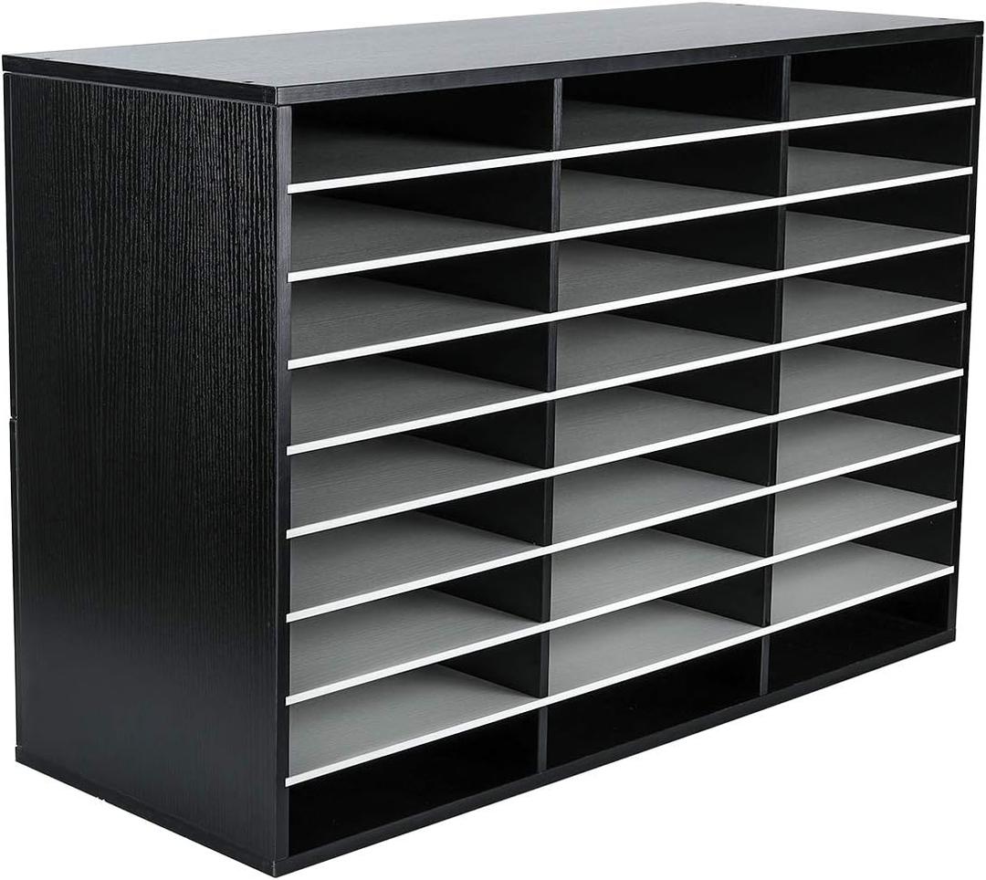 EasyPAG 27 Compartments Wooden Literature Organizer with Adjustable Shelves, 13500 Sheets Capacity Paper Organizer, Classroom Mailbox and Mail Sorter for Teachers and Office, Black/White