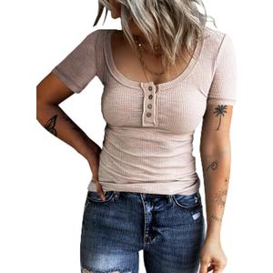 KINLONSAIR Womens Short Sleeve Henley T Shirts Button Down Slim Fit Tops Scoop Neck Ribbed Knit Shirts (M)
