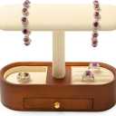 Oirlv Solid Wood Watch Stand with Drawer T-bar Watch Holder Organizer for Men and Women Showcase Bracelet Bangle Jewelry Display Stand Rings Earrings Necklace Storage(Drawer,Creamy-whit)