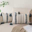 Boho Throw Pillow Covers 12x20 Set of 2 Woven Tufted Farmhouse Pillows Cover with Tassels Textured Striped Cushion Case Lumbar Pillow Cases Decorative Pillowcase for Sofa, Couch, Bed, Dark Blue