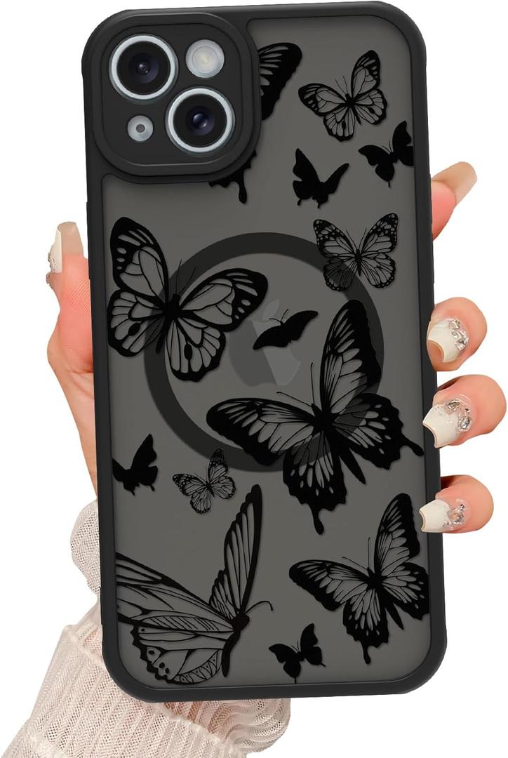 Magnetic for iPhone 15 Plus Case [Compatible with MagSafe] Cute Cool Butterfly Print Pattern Design, Slim Bumper Translucent Matte Protective Case Cover for Women Girls, Black