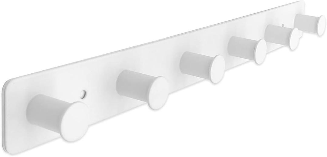 Coat Rack Wall Mounted, White Coat Hooks Adhesive & Screw in, Stainless Steel Door Hooks for Hanging Hat Towels Clothes, Hook Rail with 6 Round Hangers