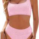 Blooming Jelly Womens High Waisted Bikini Set Tie Strap Jacquard Terry Cloth 2 Piece Swimsuit Modest Cute Retro Bathing Suit M