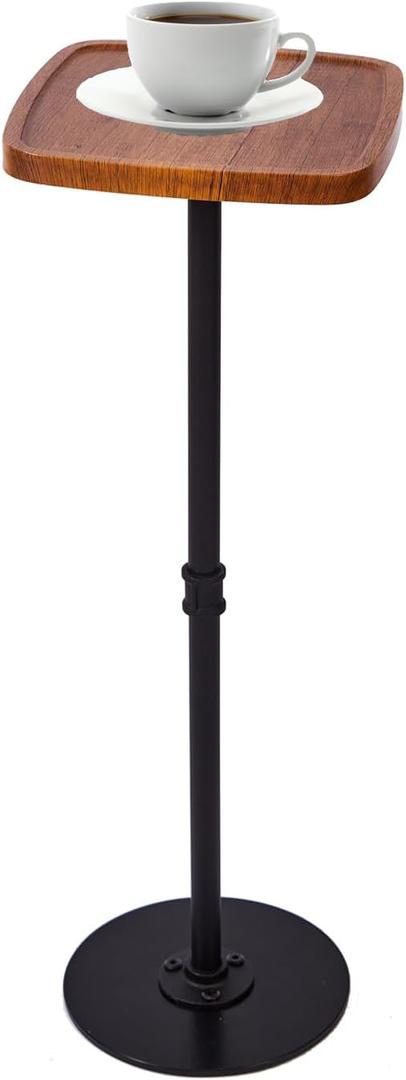 Drink Table, Small Pedestal Side Table, Cocktail Martini Tables Drink Stand, Modern Square Tiny Accent End Table with Metal Base for Small Spaces Living Room Bedroom Office Bar (Brown) (Nature)