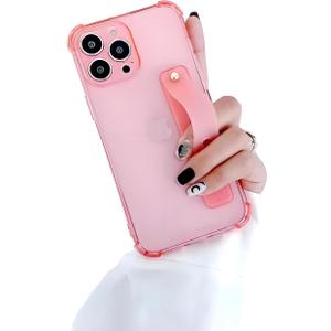 siduater Strap Case for 6.7" iPhone 14 Pro Max with Wristband Kickstand, Clear Soft TPU Protective Shockproof Bumper Cover, Adjustable Hand Grip Loop for iPhone 14 Pro Max 6.7 Inch, Pink