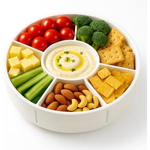 Divided Snack Container with Lid, 6-Compartment Round Snack Box with Handle, Portable Snack Tray for Fruits, Appetizers & Party Snacks, BPA-Free, Microwave & Dishwasher Safe