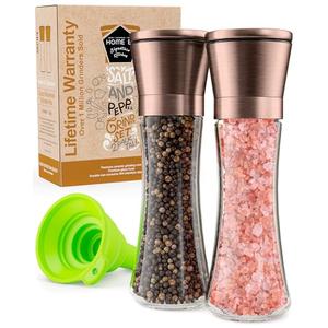 Home EC Original Copper Salt and Pepper Grinder Set of 2 - Adjustable Ceramic Grinder - Tall Glass Salt and Pepper Shakers With Funnel and Ebook - Kitchen Spice Mill - Copper Kitchen Accessories