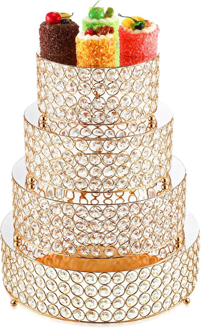 4 Pcs Crystal Gold Cake Stand Set 4 Size Elegant Round Dessert Display Metal Cupcake Stand with Mirror Plate Crystal Beads for Party Birthday Festival Anniversary Holiday 8/10/ 12/14''