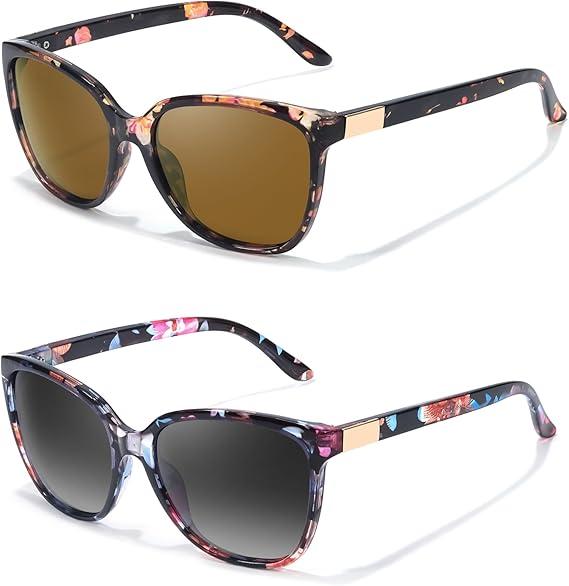 FIMILU 2pack Polarized Sunglasses for Women, Trendy Fashion Sun Glasses Square Retro Glasses UV Protection for Daily Outdoor, Floral+brownfloral