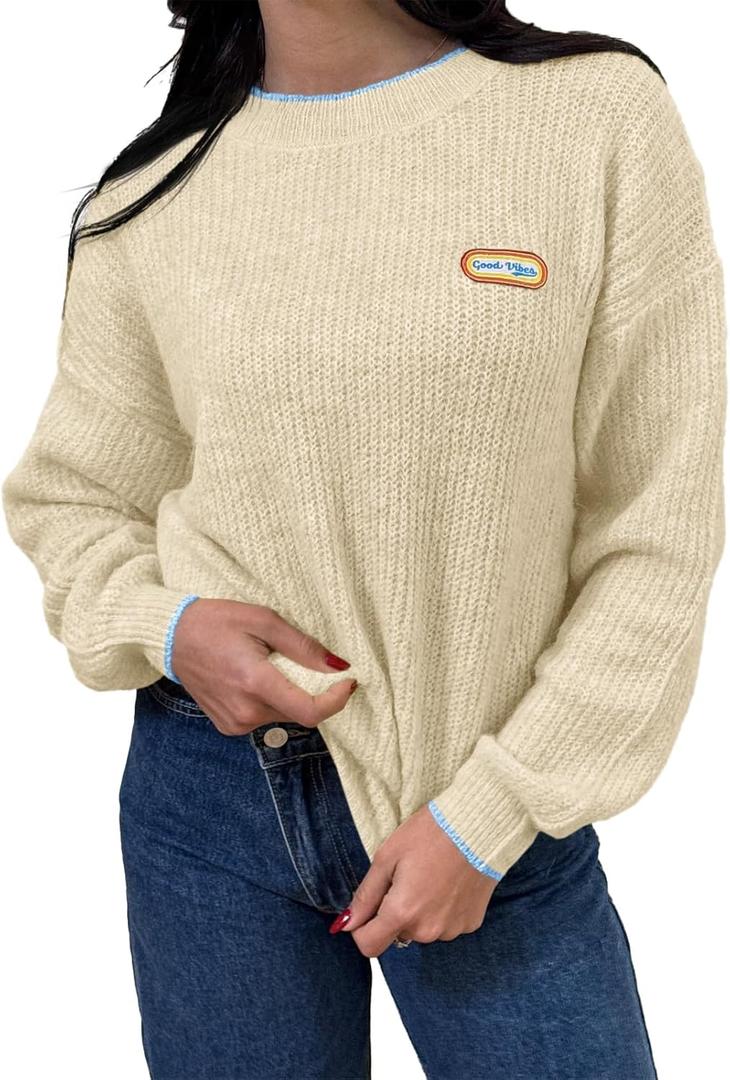 Saodimallsu Womens Sweaters Crew Neck Long Sleeve Knit Contrast Piping Stripe Lightweight Casual Fall Pullover Tops 2025 (Beige)