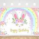 MEHOFOND 8x6ft Bunny Birthday Decorations Backdrop Spring Easter Floral Rainbow Bunny Happy Birthday Photo Background for Girls Rabbit Birthday Party Supplies