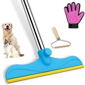 3 in 1 Carpet Rake Kit for Pet Hair Removal Tool - 45 Adjustable Long Handle Pet Hair Remover, Reusable Carpet Scraper Dog Cat Deep Hair Cleaner Remover Tool for Rugs, Mats, Couch, Furniture (Blue)