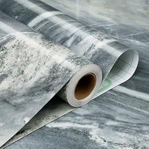 Stickyart 24"x160" Thick Grey Blue Marble Contact Paper for Countertops Peel and Stick Glossy Faux Gray Marble Wallpaper Removable Durable Granite Contact Paper Vinyl Roll for Cabinets Drawers Kitchen